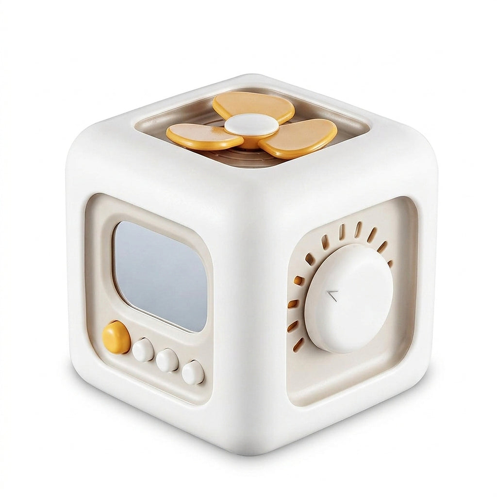 Curiously 6-in-1 Activity Cube, cream with mustard accents, showing three of its six mechanical faces