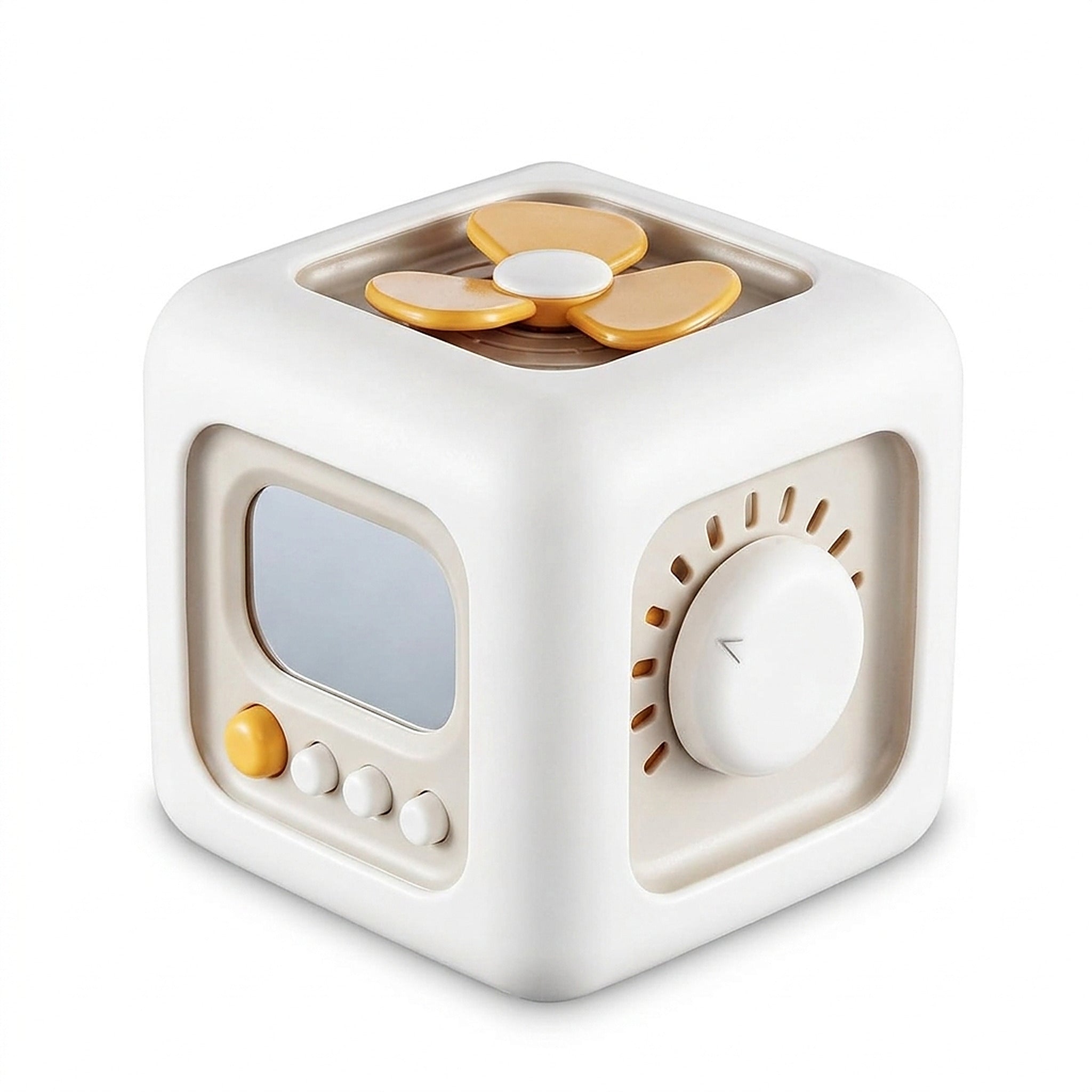 Curiously 6-in-1 Activity Cube, cream with mustard accents, showing three of its six mechanical faces