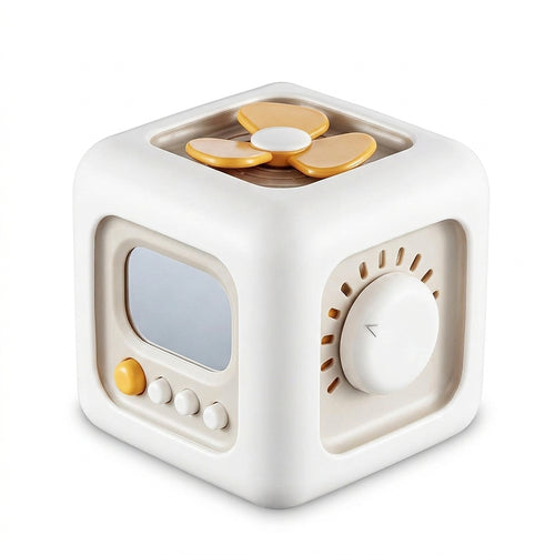 Curiously 6-in-1 Activity Cube, cream with mustard accents, showing three of its six mechanical faces