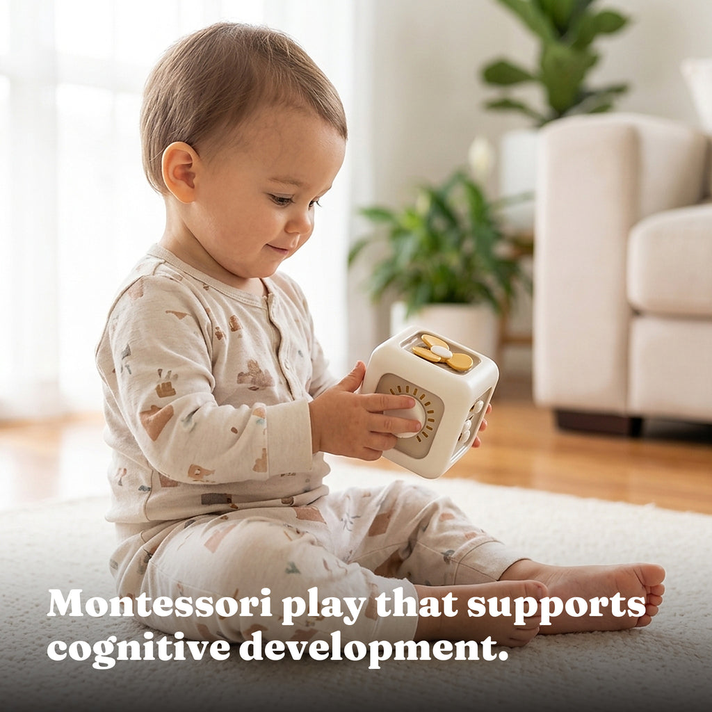 Toddler absorbed in Montessori play with the Activity Cube on a rug, playing independently
