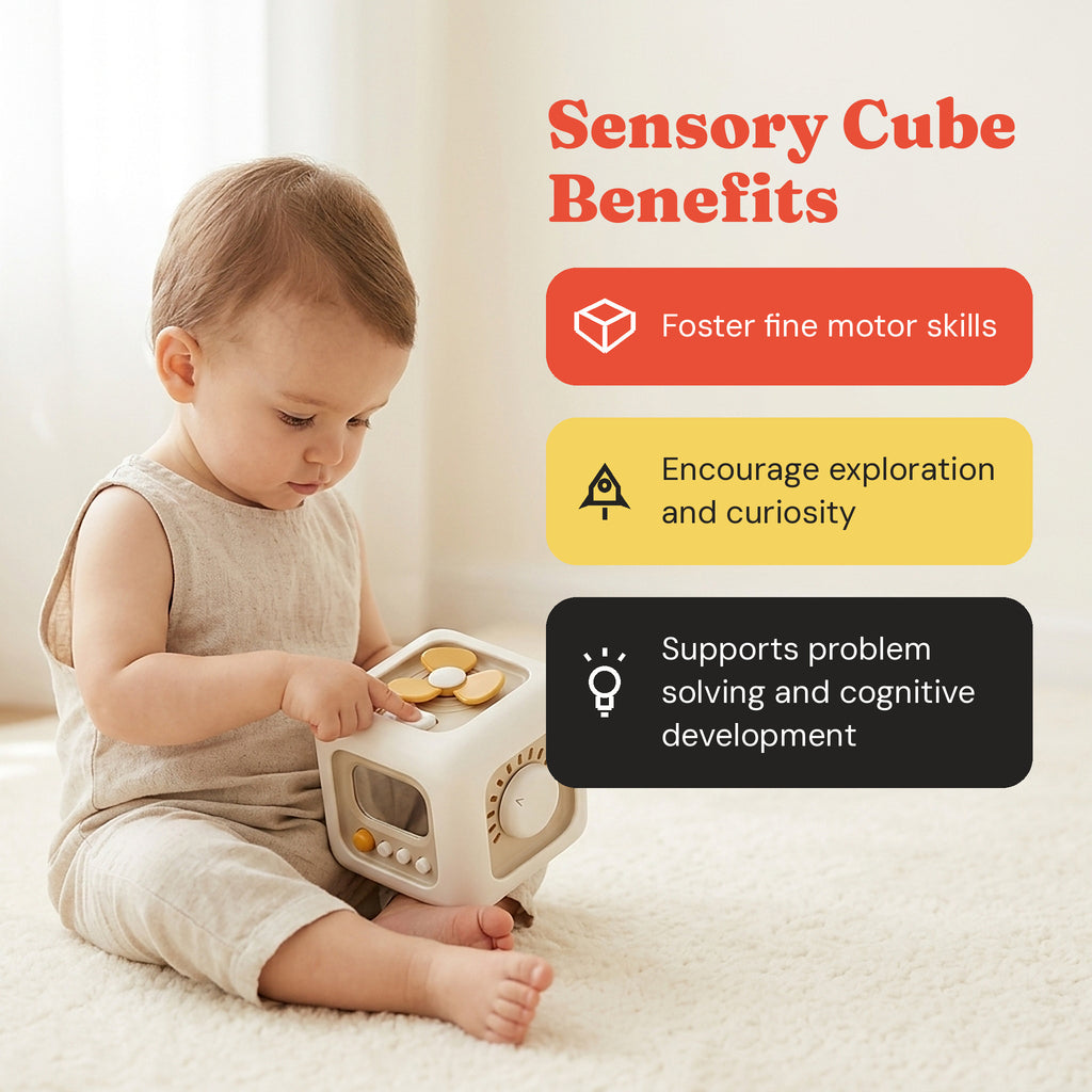 Toddler playing with the 6-in-1 Activity Cube beside its benefits: fine motor skills, exploration and curiosity, problem solving and cognitive development