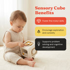 Toddler playing with the 6-in-1 Activity Cube beside its benefits: fine motor skills, exploration and curiosity, problem solving and cognitive development