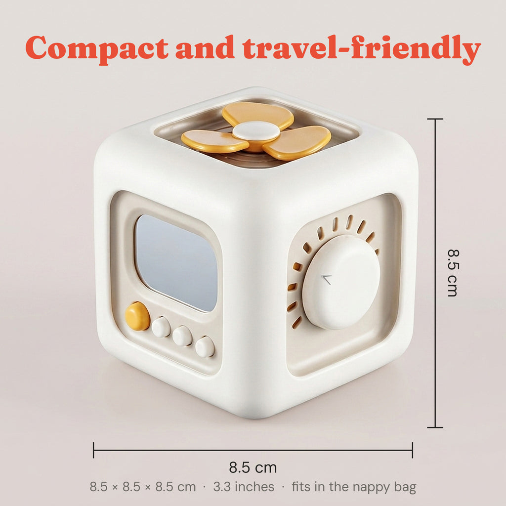The Activity Cube measured at 8.5cm on every side, compact and travel-friendly