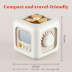 The Activity Cube measured at 8.5cm on every side, compact and travel-friendly