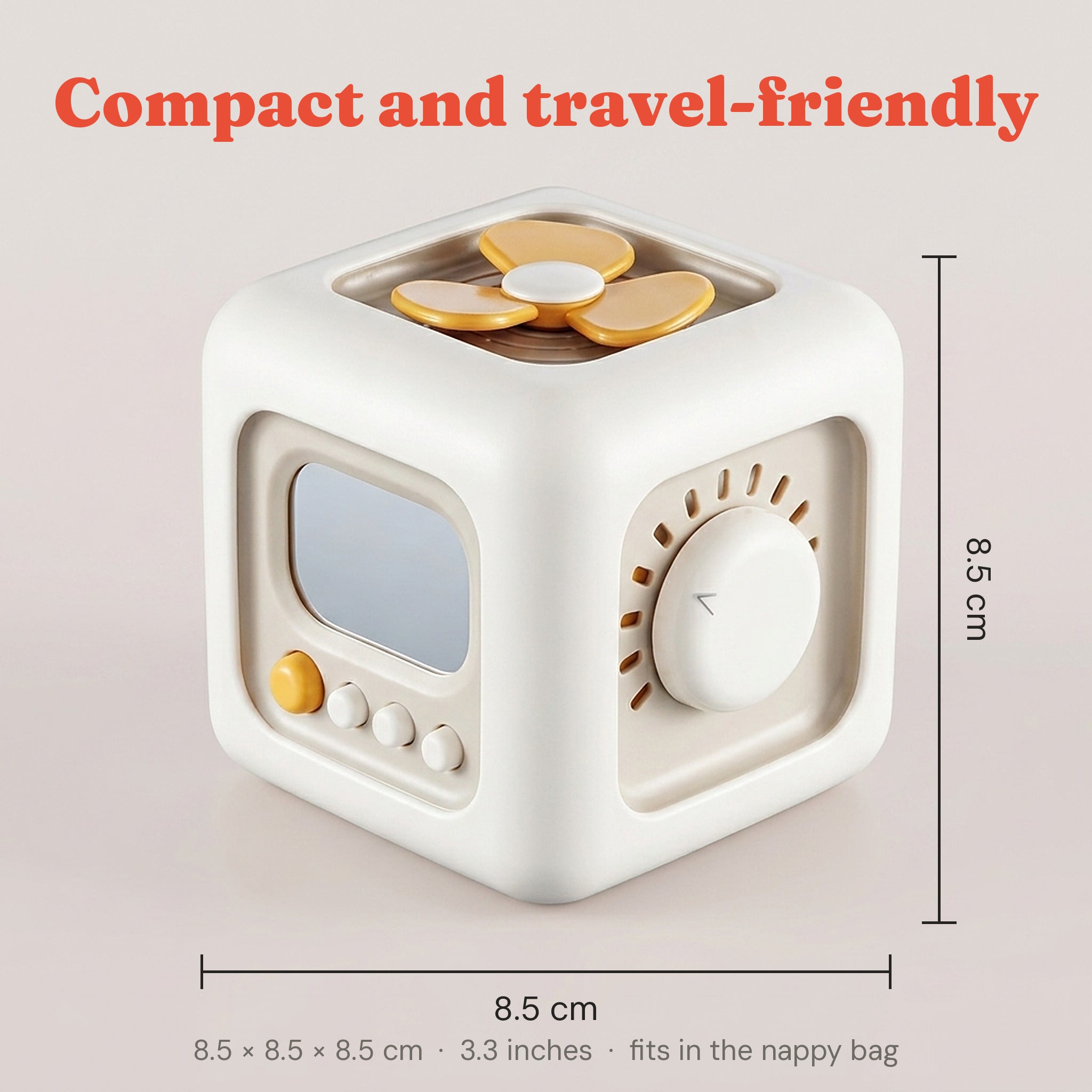 The Activity Cube measured at 8.5cm on every side, compact and travel-friendly