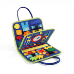 Curiously Montessori busy board on a clean white background