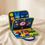 Curiously Montessori busy board styled in a warm linen lifestyle setting
