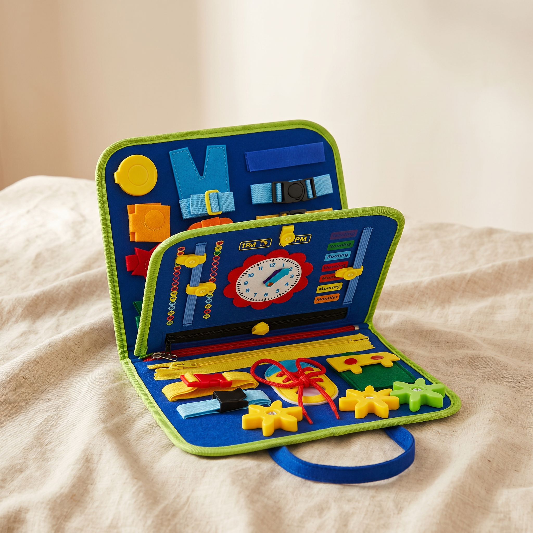 Curiously Montessori busy board styled in a warm linen lifestyle setting