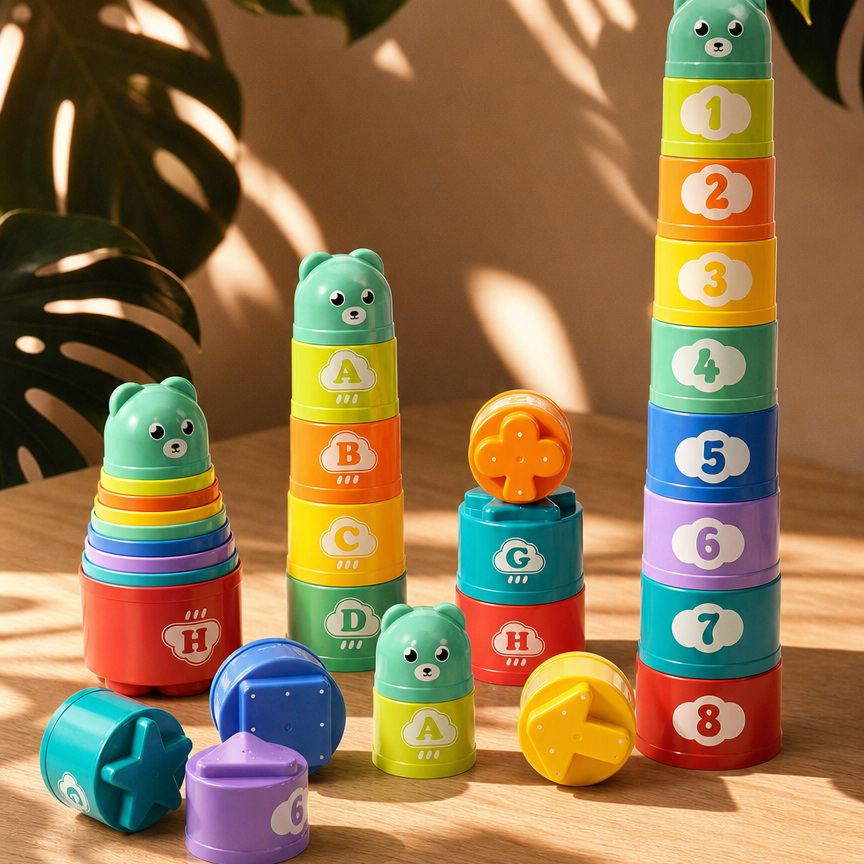 Rainbow stacking and nesting cups stacked and scattered on a wooden table